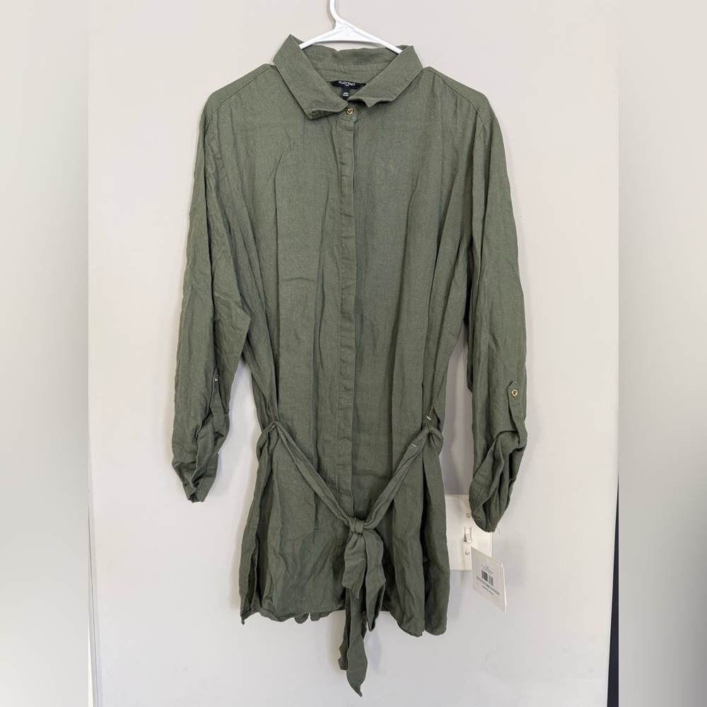 🔆Lightweight Olive Green Button-Front Tunic with Tie Waist